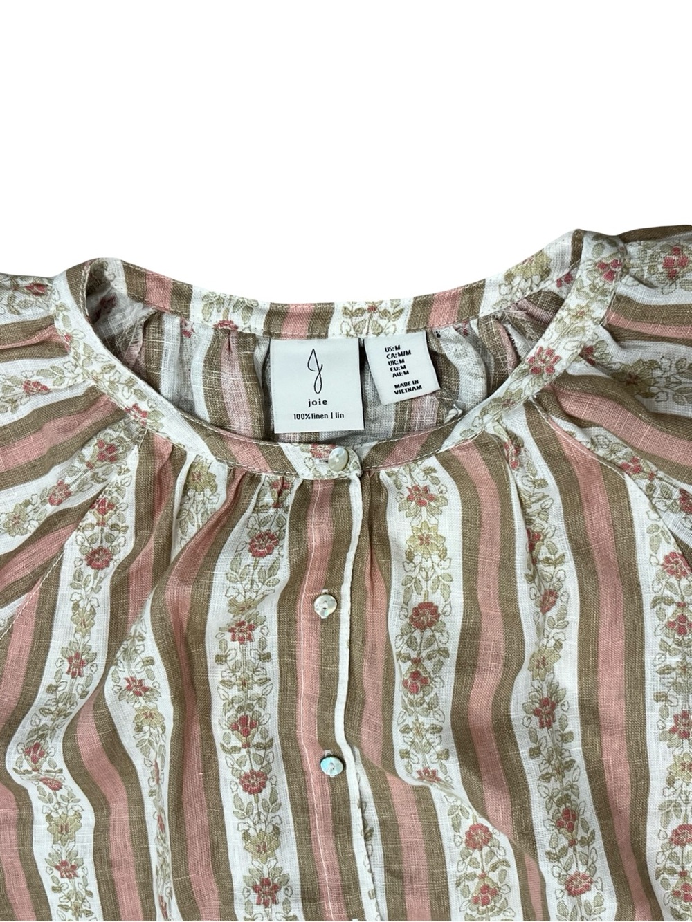 Joie 100% Linen Pink Floral Stripe Balloon Sleeve Peasant Blouse M NWT - Picture 7 of 11